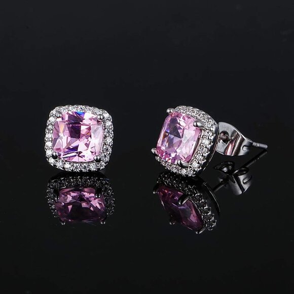 Women's Square Birthstone Cubic Zirconia Mall Dainty Light Pink Elegant Earring - Picture 4 of 6
